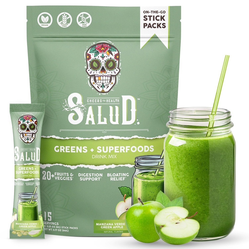 Salud 2-in-1 Greens Powder + Superfood Drink Mix Packets, 20+ Fruits and Veggies, Probiotics, Prebiotics, Supports Digestive Health, Bloating Relief, Vegan, Green Apple (15 Servings)