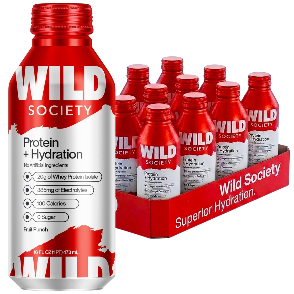 Wild Society Nutrition Hydration + Protein Drink, 20g Clear Whey Protein Isolate, 385mg Electrolytes, Zero Sugar, 100 Calories, Sports Drink, Fruit Punch, 16oz Aluminum Bottle 12 Pack