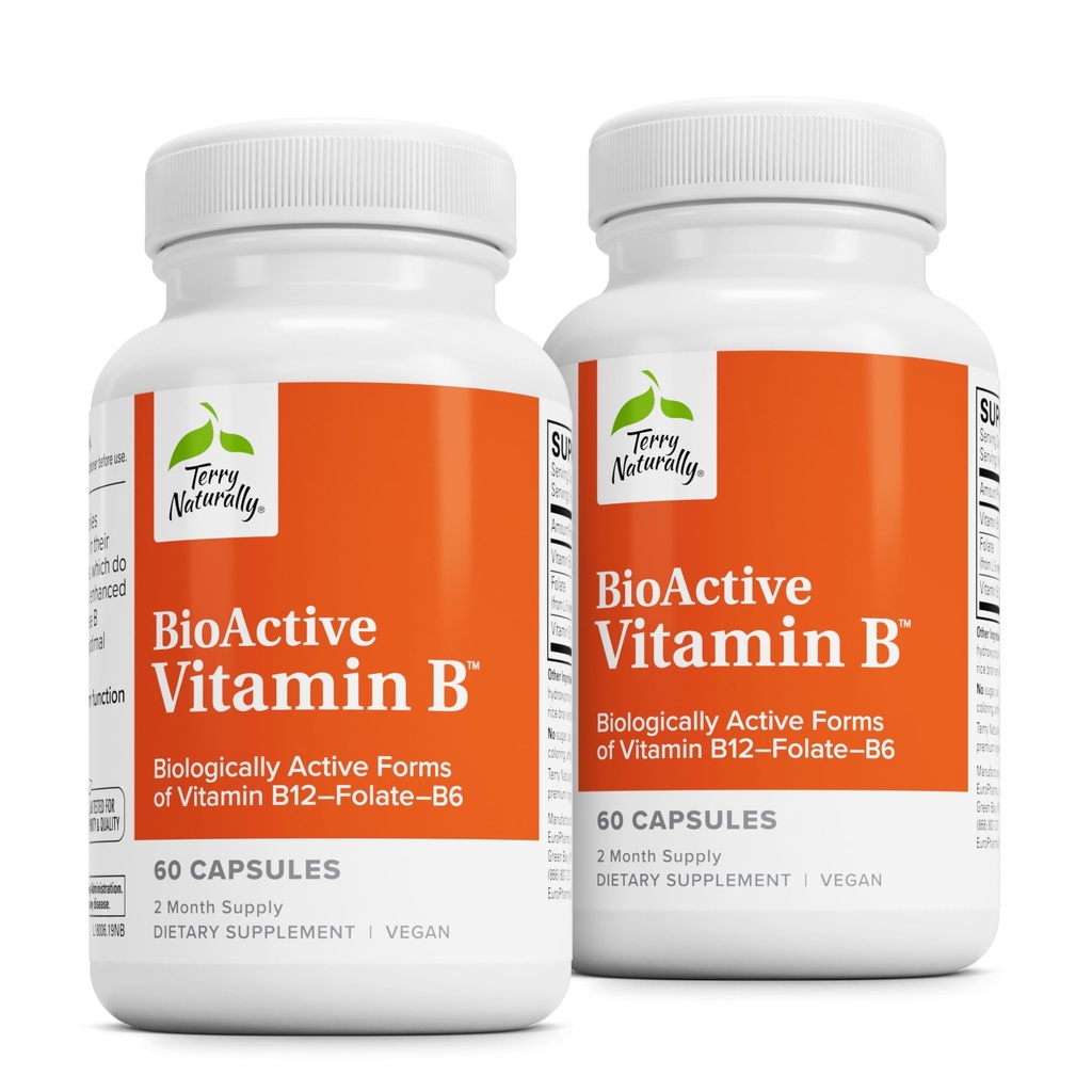 Terry Φυσικά Βιοενεργή Βιταμίνη Β - Aid Heart Health with Bioactive B Vitamins - Συμπλήρωμα με Φολικό & Ασβέστιο - B Complex Vitamin to Aid Νευρικό Σύστημα Λειτουργία - 60 Κάψουλες (Pack of 2)