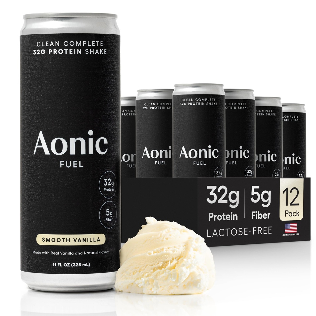 Aonic Fuel 32g Protein Shake, 5g Fiber, Lactose-Free, Complete Amino Acid Profile, No Added Sugar, Made with Real Vanilla, 11 fl oz (Pack of 12) - Smooth Vanilla