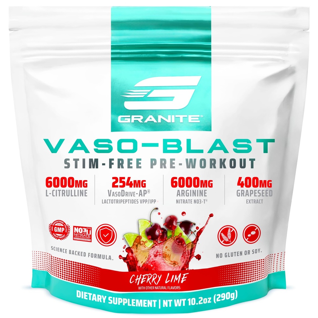 Συμπληρώματα Granite Vaso Blast, Cherry Lime Flavor, Simulant-Free Προ προπόνηση για άνδρες & γυναίκες με εκχύλισμα Grapeseed, Arginine Nitrite, & VasoDrive-AP για Max Αντλία (20 σερβίτσια)