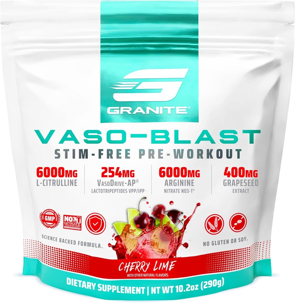Συμπληρώματα Granite Vaso Blast, Cherry Lime Flavor, Simulant-Free Προ προπόνηση για άνδρες & γυναίκες με εκχύλισμα Grapeseed, Arginine Nitrite, & VasoDrive-AP για Max Αντλία (20 σερβίτσια)