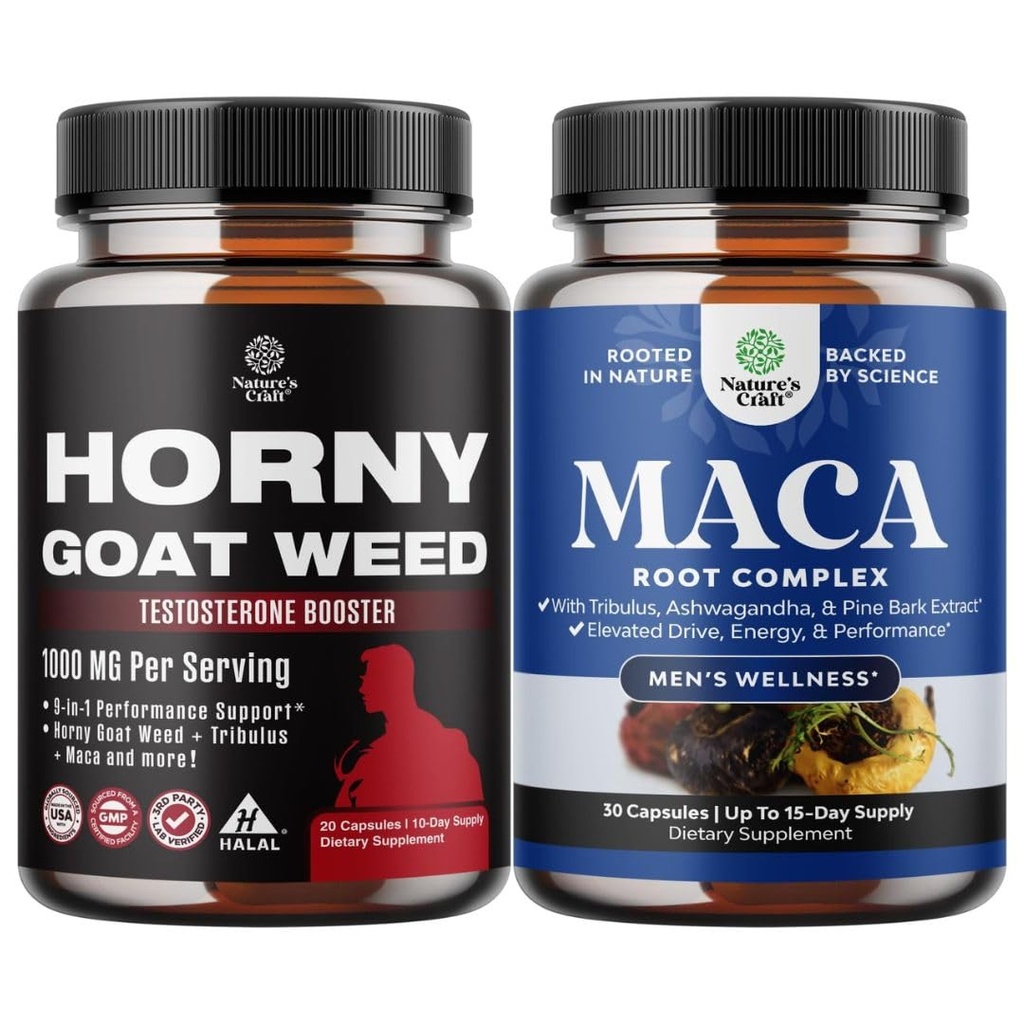 Bundle of Horny Goat Weed Complex with Tongkat Ali, Saw Palmetto, Panax Ginseng & Black Maca Root Plus Potent Herbal Supplement with Siberian Ginseng, Ashwagandha & Maca for Men’s Energy & Wellness