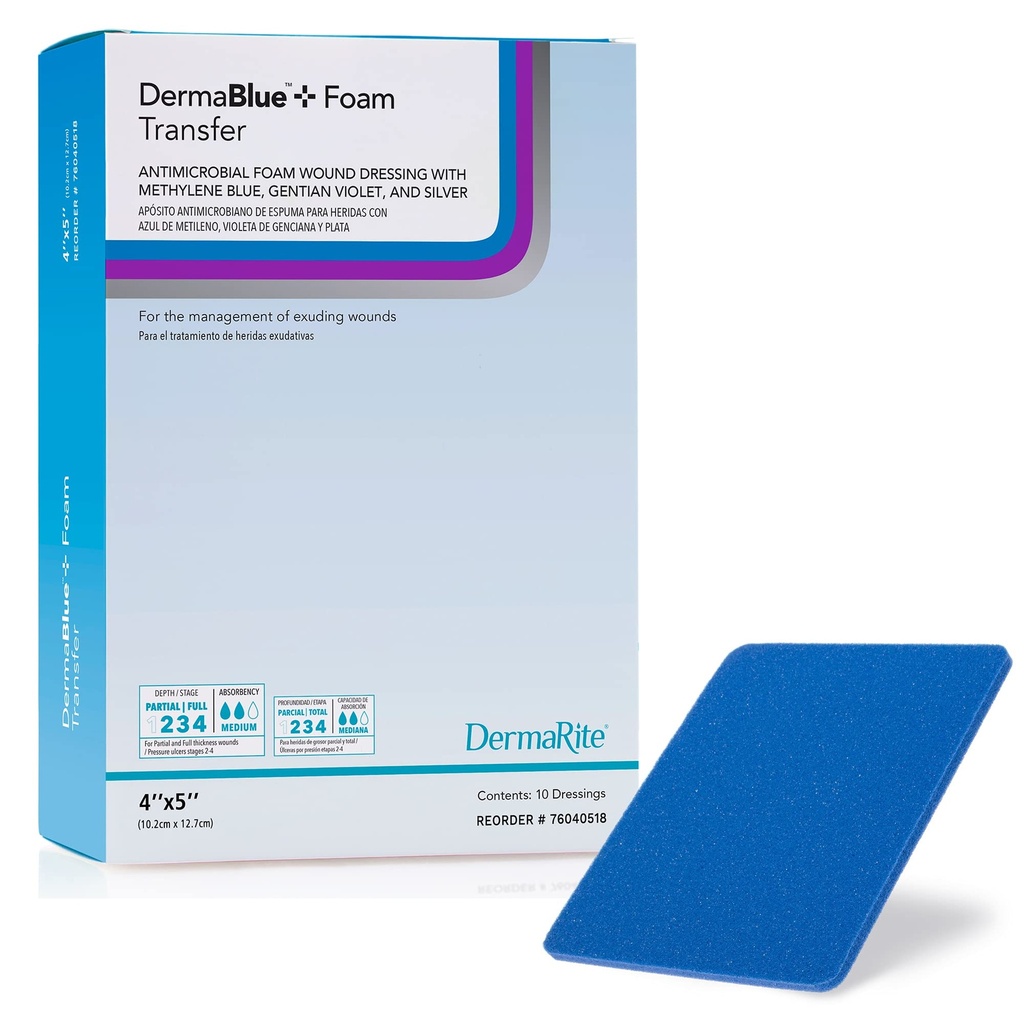 DermaBlue+ Antimicrobial Foam Wound Dressing 4" x 5" x 1/4" - Conformable - with Methylene Blue, Gentian Violet and Silver - Broad Spectrum Antimicrobial and Antifungal Protection - 10 Pack