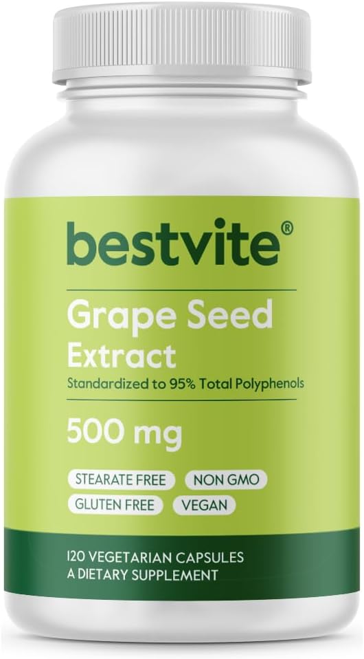 BESTVITE Grape Seed Extract 500mg (120 Vegetarian Capsules) - No Stearates - Standardized to 95% Polyphenols