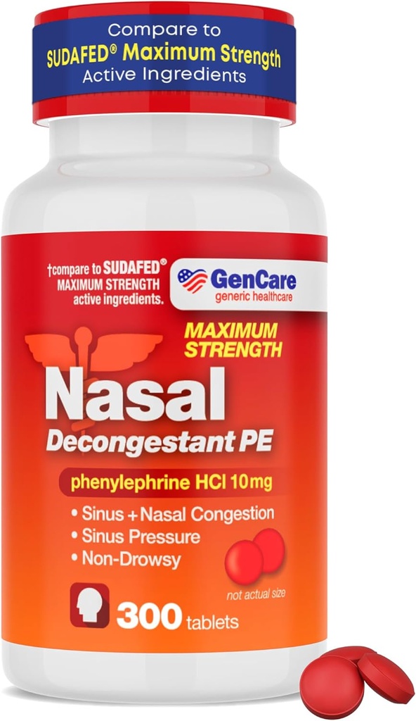 GenCare - Nasal Decongestant (10mg Tablets) Phenylephrine HCl (300 Tablets Per Bottle) | Value Pack Non Drowsy Sinus and Nasal Congestion Relief | Lower Sinus Pressure Due to Allergies or Illness