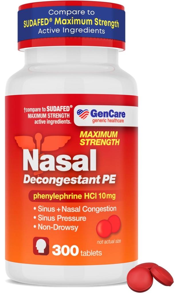 GenCare Nasal Decongestant PE – Phenylephrine HCl 10mg Tablets (Bulk 300 Count) Non-Drowsy Sinus Pressure Relief & Nasal Congestion Relief, Stuffy Nose Decongestants for Adults – Compare to Sudafed PE