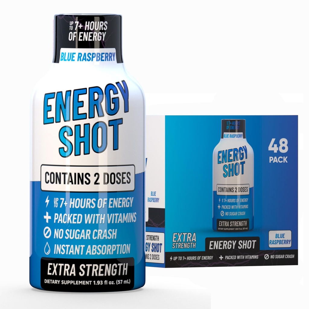Blue Raspberry Extra Strength Energy Shot 48 pk – 260mg Natural Caffeine B12 B6 – Energy & Focus Support – 2 Servings Sugar Free Zero Calorie Green Tea B-Vitamins Electrolytes Vegan – 1.93 fl oz