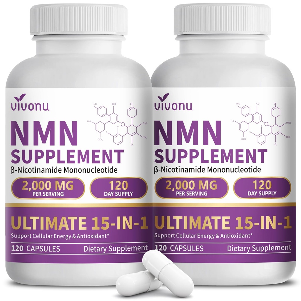 15-in-1 Liposomal NMN Supplement, 2000mg per* Serving*, 120 Day Supply, 99% Pure, NAD+ NMNH Alternative with Nicotinamide Mononucleotide, Resveratrol, TMG, CoQ10, Quercetin & Glutathione, 2 Bottles