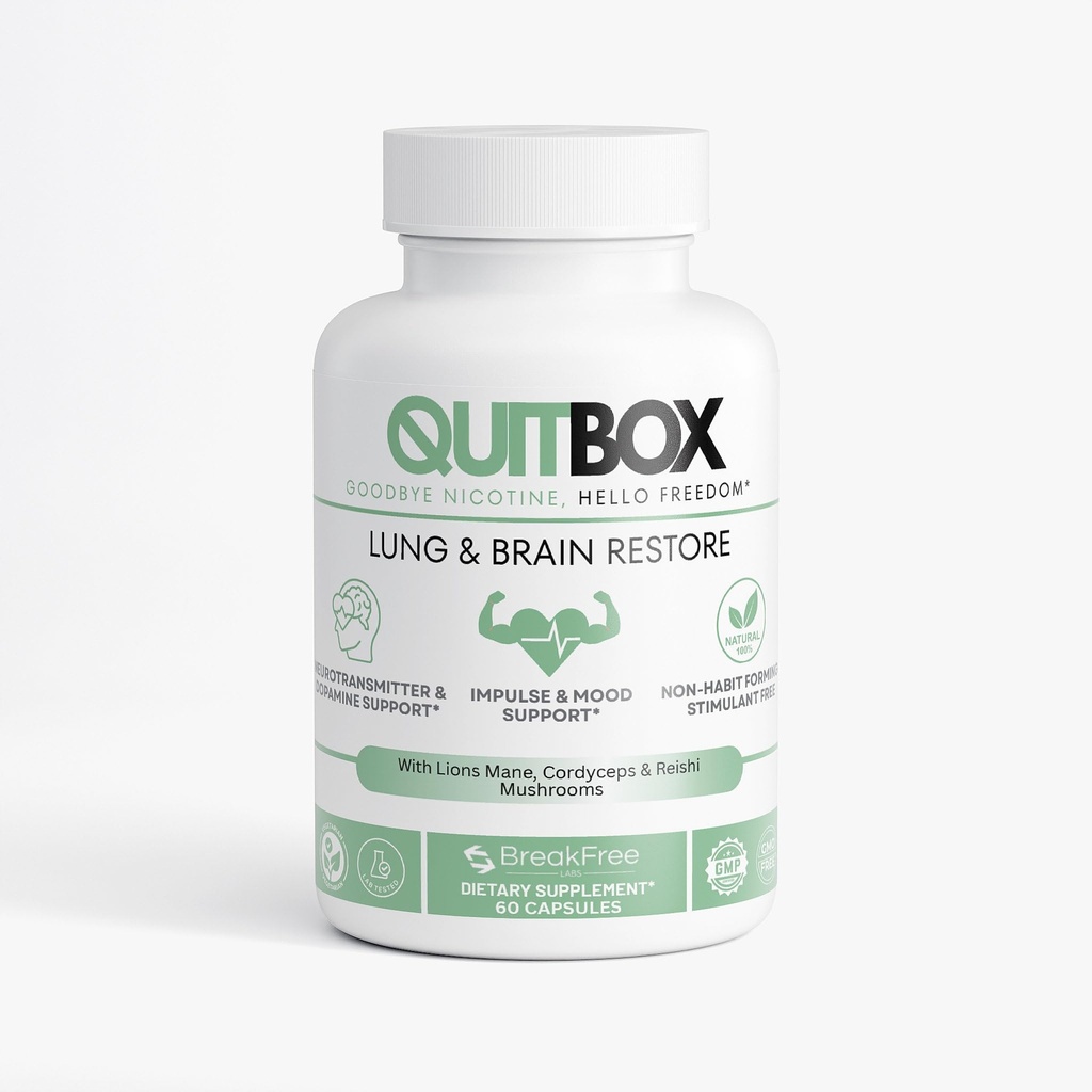 QuitBox Natural Nicotine Detox & Craving Relief | Lung & Brain Restore | 10-Mushroom Nootropic Complex for Smokers & Vapers | High-Potency Focus & Energy | 60 Capsules