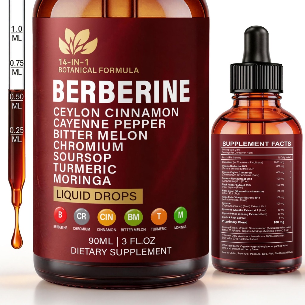 14-in-1 Berberine with Ceylon Cinnamon Supplement Liquid Drops, 1900mg Herbal Complex with Turmeric, Blank Papper, Bitter Melon for Metabolism, Digestive & Immune Support 45-Day Supply