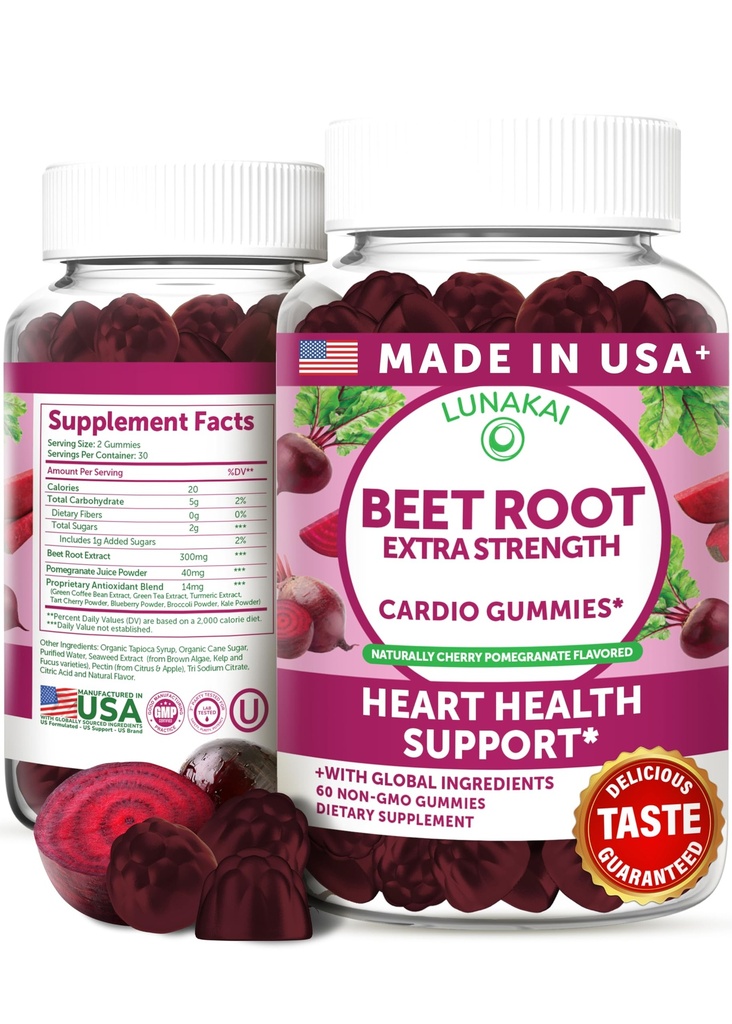 Lunakai USA Made Beet Root Gummies with Antioxidant Blend - Νοστιμότατο Μη-GMO Beet Chews, 60ct