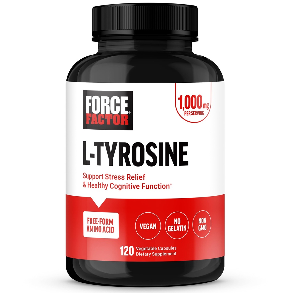 FORCE FACTOR L Tyrosine Stress Relief Supplement, L-Τυροσίνη Συμπληρώματα Εγκεφαλικής Υγείας για Ενήλικες, L-Τυροσίνη 500mg Κάψουλες, Ελεύθερη Μορφή, Vegan, Όχι Ζελατίνη, Μη ΓΤΟ, 120 Κάψουλες