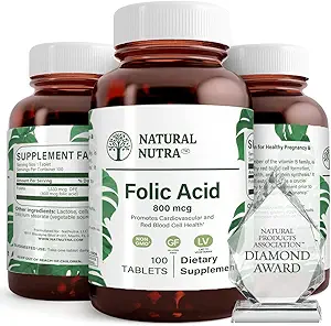 Natural Nutra Folic Acid Folate Vitamin B9 Supplement, Prenatal Vitamin for Heart and Cardiovascular Health, Red Blood Cell Formation, Vegetarian and Gluten Free Supplements, 800 mcg, 100 Tablets