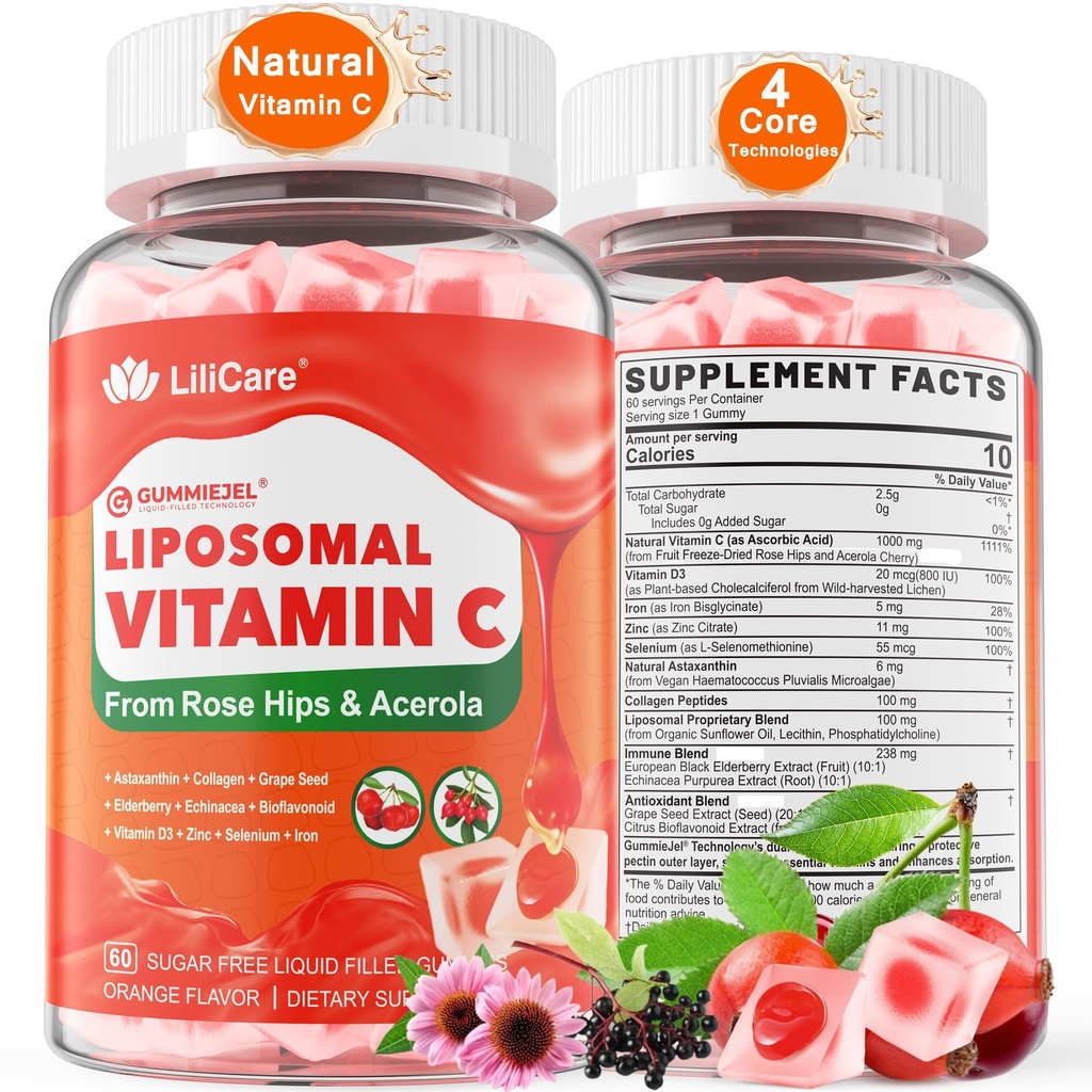 Φυσική Λιποσωμική Βιταμίνη C 1000mg Gummies για Ενήλικες Παιδιά 9+, 1660mg Μασώμενη Βιταμίνη C w/ 11mg Ψευδάργυρος, D3, Elderberry, Echinacea, Bioflavonoid, Ανοσολογική Υποστήριξη - Βιολογικό VIT C από Φρούτα, Χωρίς ζάχαρη