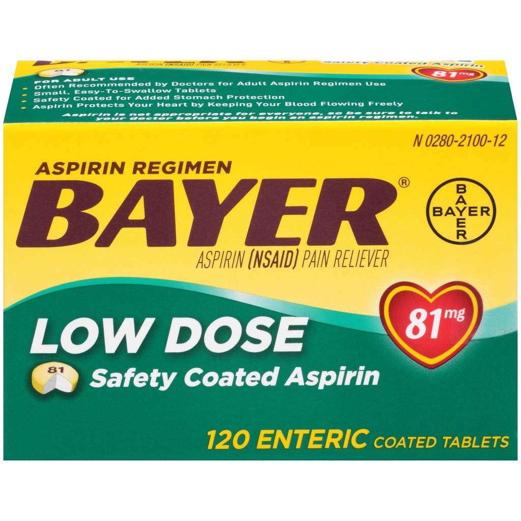 Bayer Aspirin Regimen Low Dose 81mg Enteric Coated Pain Reliever Tablets, 120 Count