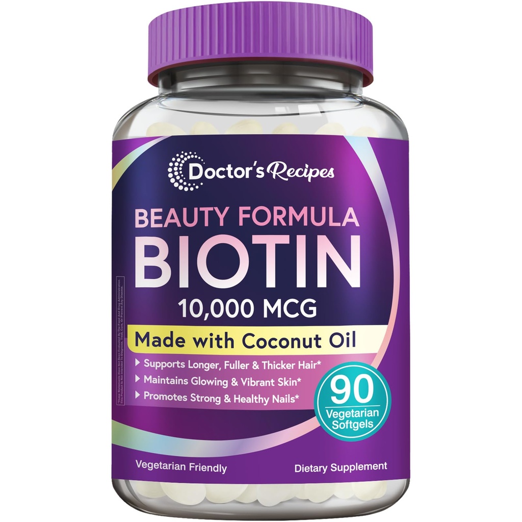 Doctor's Recipes Biotin 10.000 mcg, Hair Growth, Healthy Skin & Nails, Energy Μεταβολισμός, χορτοφαγική-φιλική βιοτίνη, με λάδι καρύδας, μη-GMO, 3μηνη προσφορά, 90 χορτοφαγικά Softgels