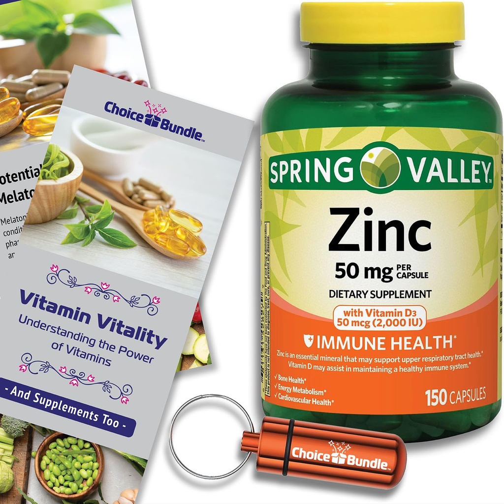 Spring Valley Zinc 50 mg with Vitamin D 50 mcg 150 Ct Immune Health Dietary Supplement Capsules + Vitamin Vitality & Pill Container (3 Items)!
