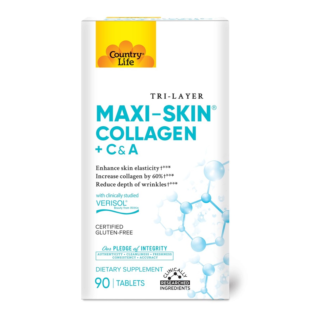 Country Life Verisol Collagen Peptides Tablets - Μειώστε το Βάθος του W[KB2] Pinkles & Enhance Skin Elasticity-90 Tablets-Περιλαμβάνει Βιταμίνη A&C - Collagen Powder for Women & Men - Boost Skin Collagen κατά 60%