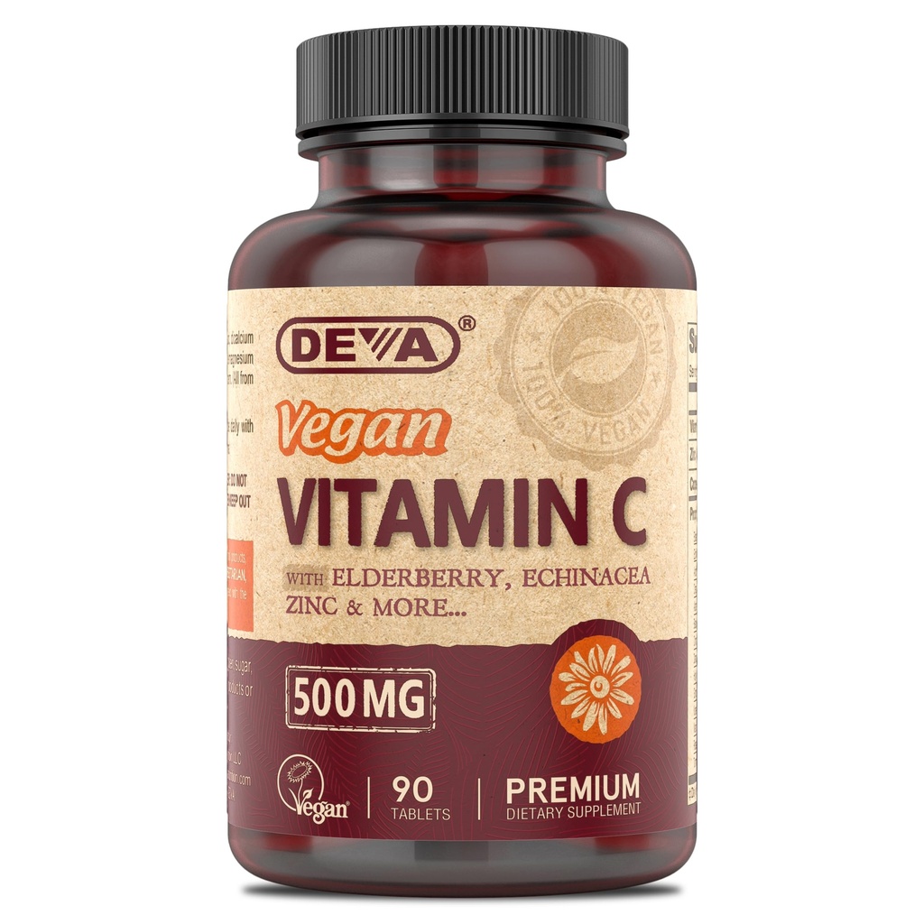 DEVA Vegan Vitamin C, 500 MG with Elderberry, Echinacea, Zinc & More, Vegan & No Animal Ingredients, 90 Tablets, 1-Pack