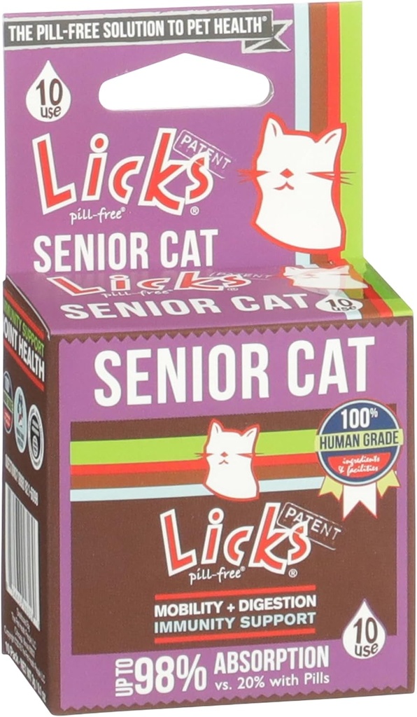 Licks Pill-free Senior Cat - Κοινό συμπλήρωμα υποστήριξης & πέψης για Senior Cats - Ανοσία Βιταμίνες & Συμπληρώματα υγείας καρδιάς για Μεγαλύτερες Γάτες - Gel Packets - 10 Χρήση