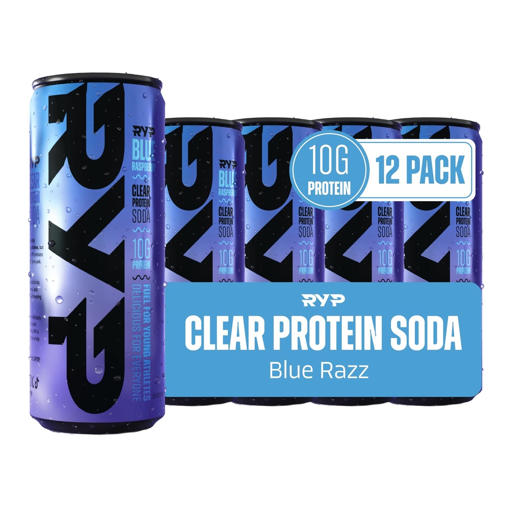 RYP Blue Raspberry Clear Protein Soda Drinks Ready to Drink, 10g Protein per serving, Zero Sugar, Infused with Vitamins and Electrolytes, No Caffeine, 41 Calories, 12 Pack, 12 fl oz Cans