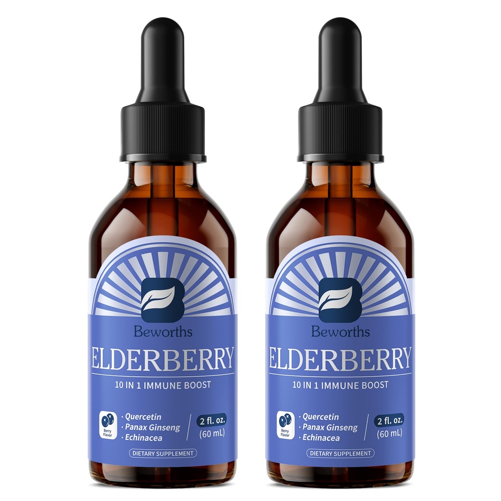 B BEWORTHS 2 Pack Elderberry Syrup Black Elderberry Drops with Quercetin, Panax Ginseng, Vitamin C and Zinc, Sambucus Liquid, Vegan, Non-GMO & Gluten Free