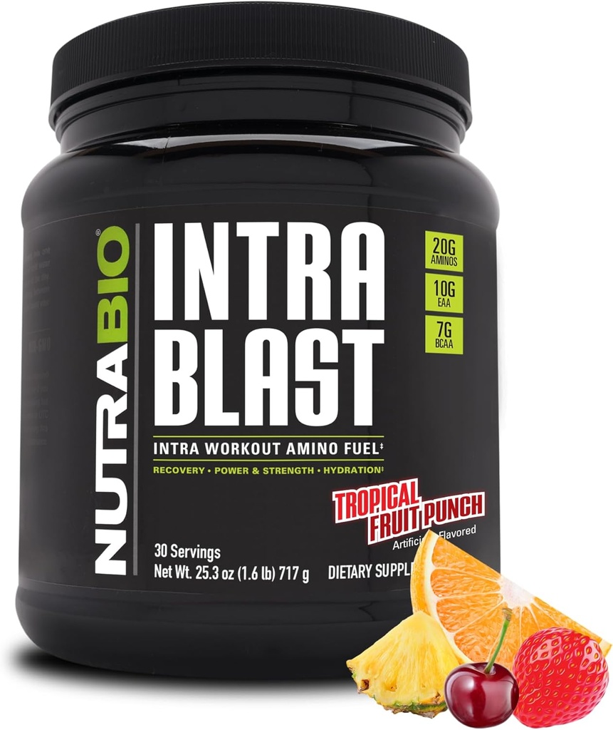 NutraBio Intra Blast Bcaa Powder Amino Acid Supplement, Ηλεκτρολύτης & Hydration Blend, Intra, Pre Education & Mus Recovery, 20g Eaa Amino Acids Powder, 5g Glutamine-Tropical Fruit Punch, 30