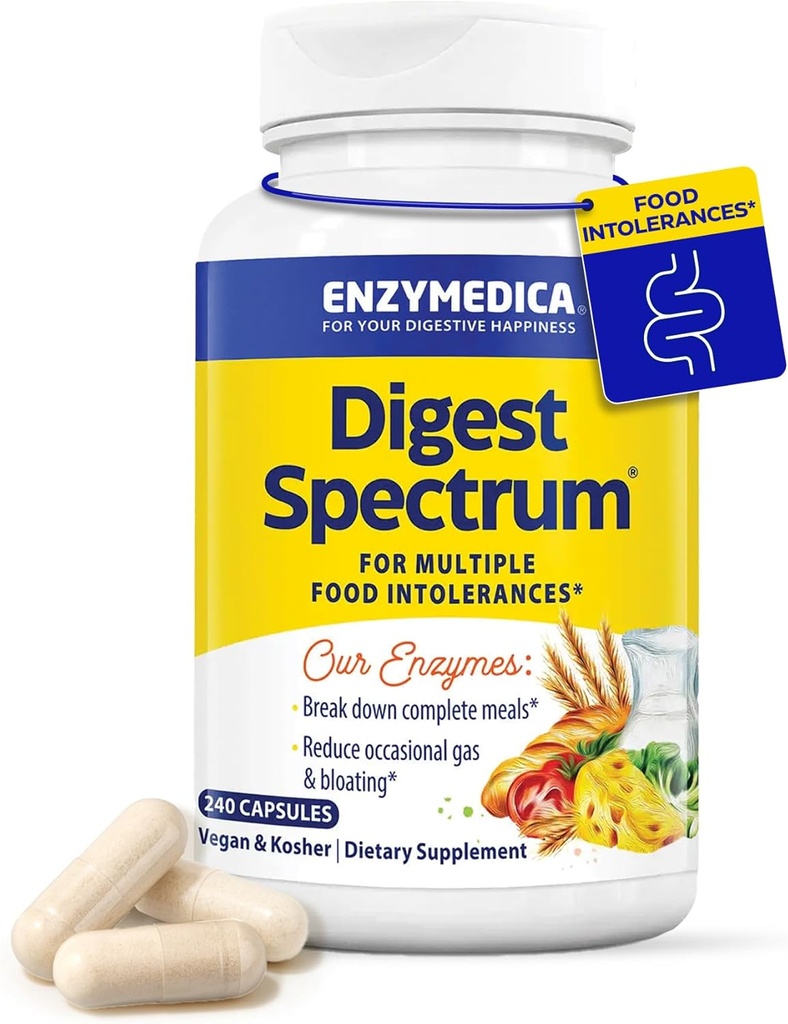 Enzymedica Digest Spectrum, Advanced Digestive Enzymes for Women and Men, υποστηρίζει την πέψη και πολλαπλές δυσανεξία τροφίμων, ταχείας δράσης Formula for Gas and Bloating Relief, 240 κάψουλες