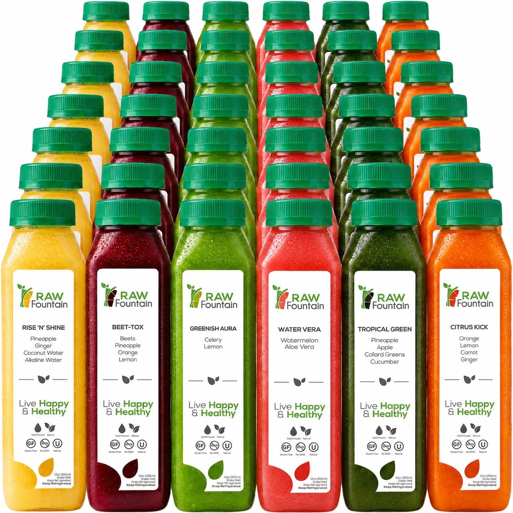 7 Day Juice Cleanse by Raw Fountain, Tropical Flavors, All Natural Raw, Cold Pressed Fruit and Vegetable Juices, Detox Cleanse, Kosher, Vegan, NO Sugar Added, 42 Bottles 12oz