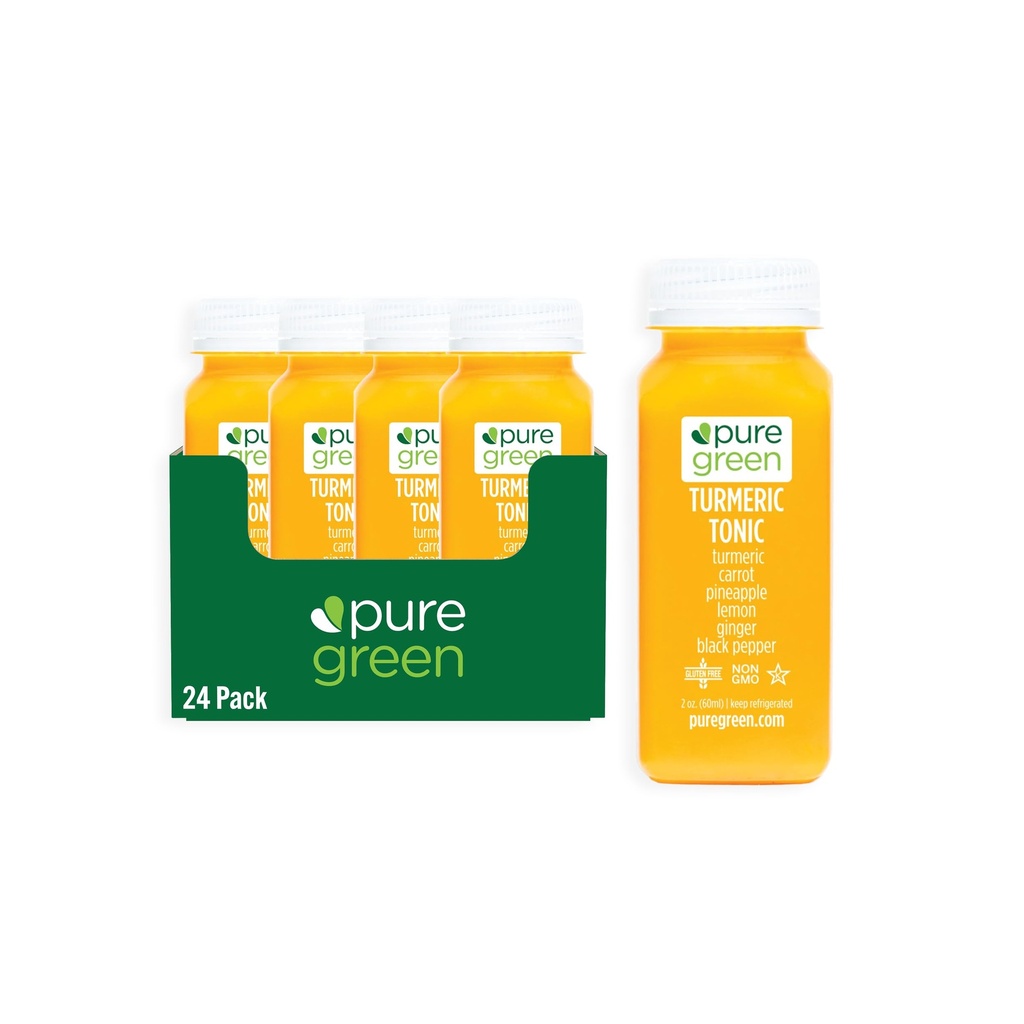 Pure Green Cold Pressed Shots & Juices - Fresh Functional Blend, Natural, Gluten Free, Non-GMO, No Artificial Colors or Flavors - Made from Real Fruits & Veggies (2oz (24 Pack), Turmeric Tonic)