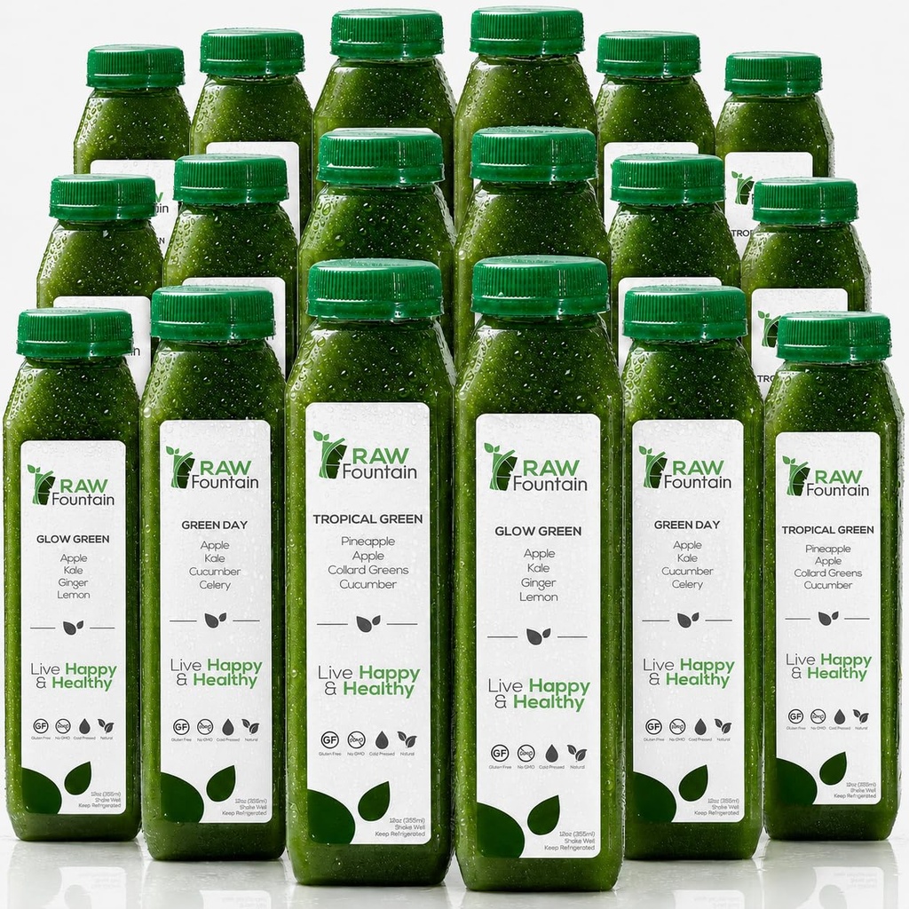 3 Day Green Juice Cleanse by Raw Fountain, All Natural Raw, Vegan Detox, Cold Pressed Juice, Great Way to Detox Your Digestive System, Kosher, Gluten Free, NO Added Sugar, 18 Bottles 12oz