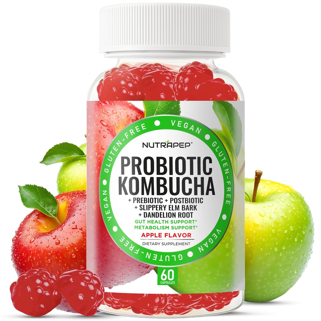 NutraPep Probiotic Kombucha Gummies - Women Men Probiotic Prebiotic Probiotic Blend for Gut Health Bloating Metabolism Support with Slippery Elm Bark Dandelion Root - Vegan Gluten Free Apple Flavor
