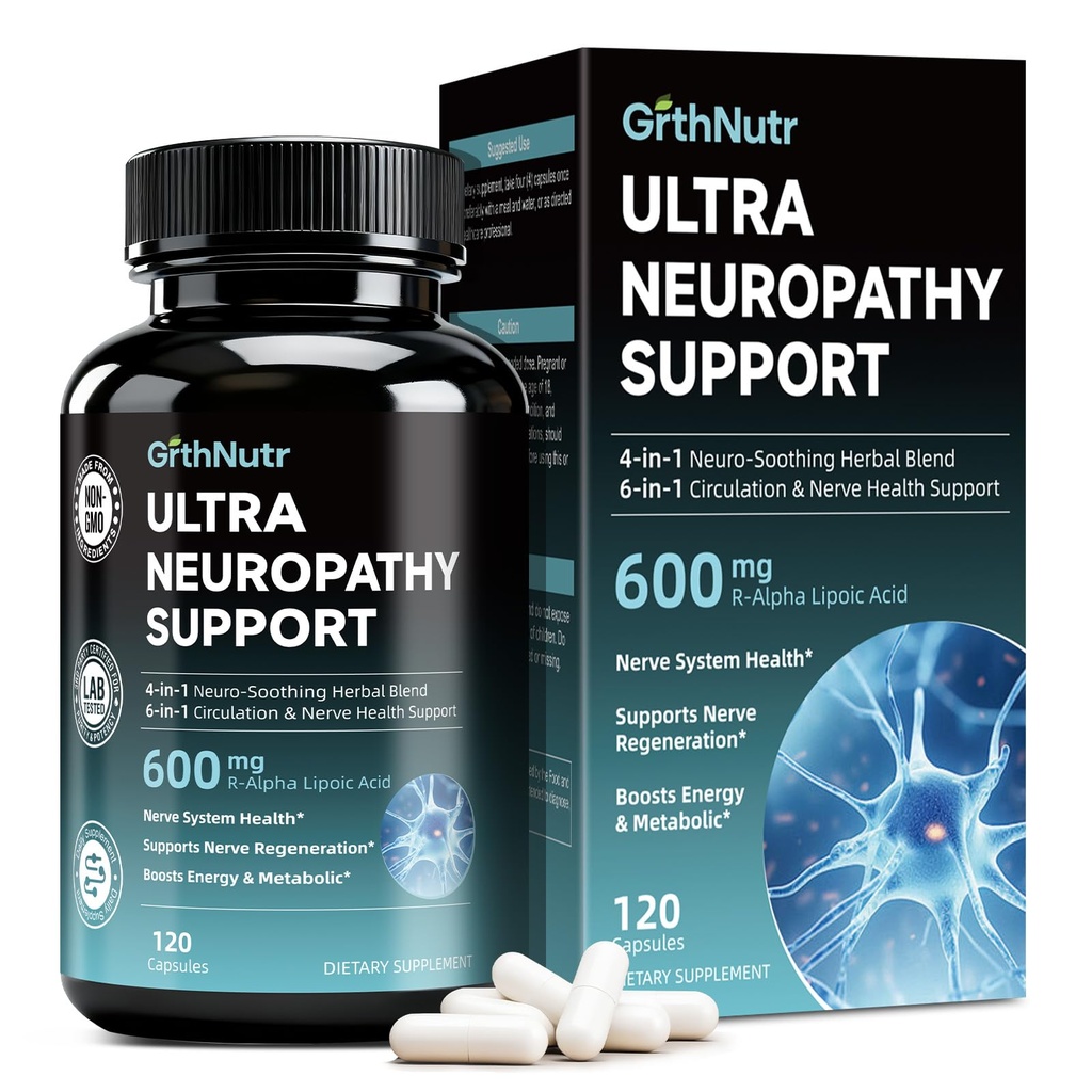 Nerve Heath Neuropathy Supplements - 600mg R-Alpha Lipoic Acid, NAC, ALC, Active Vitamin B12 B1 B2 B6, Magnesium - Neuropathy & Antioxidant, Cell Energy, Support Nerve Soothing & Growth, NON-GMO