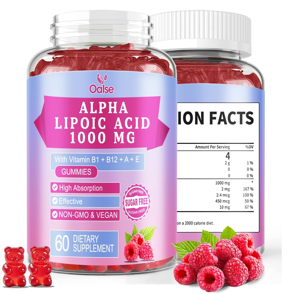 Alpha Lipoic Acid Gummies 1000Mg with Vitamin B1, B12, A, E - High Absorption Sugar Free Chewable ALA Supplement for Energy Support,Raspberry Flavor, 60 Gummies