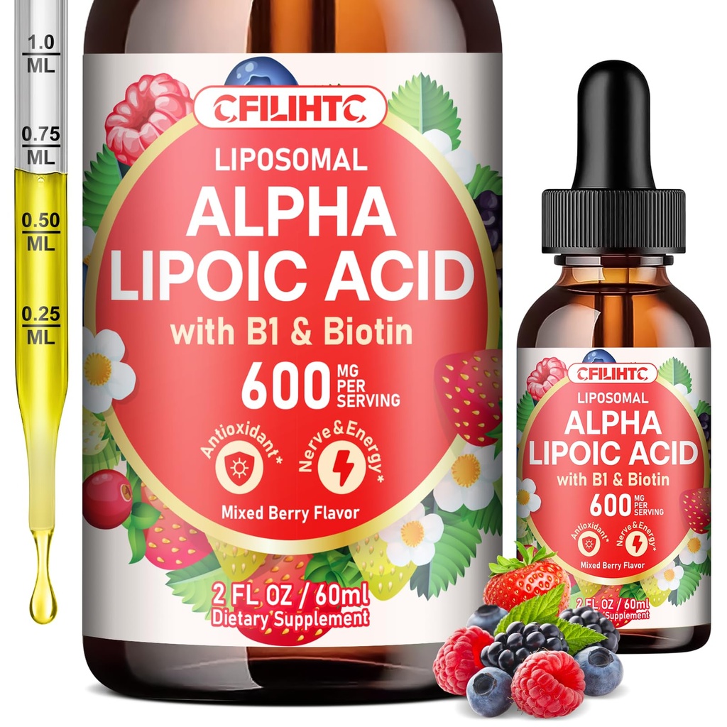 CFILIHTC Liposomal Alpha Lipoic Acid 600mg Drops- Liquid Alpha Lipoic Acid Supplement with Biotin & Vitamin B1 - Supports Antioxidant, Energy, Nerve & Brain Health - Mixed Berry Flavor 2 FL OZ