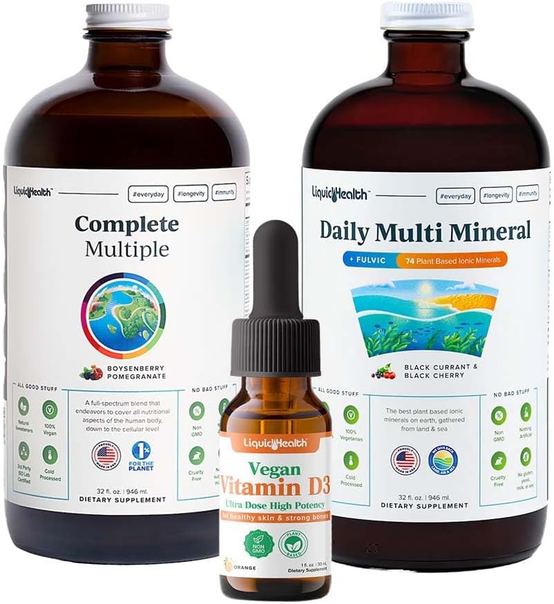 LIQUIDHEALTH Ultra Immunity Liquid Vitamin Bundle for Adults with Complete Multivitamin, Daily Multi Minerals and Vegan Vitamin D3 D3 Drops - Ανοσοποιητικές Βιταμίνες Υποστήριξης, Ολόκληρα Τρόφιμα, Vegan, Μη ΓΤΟ