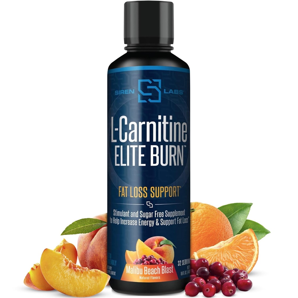 SIRENLABS L-Carnitine Elite Burn Liquid Keto Fat Burner and Metabolism Activator - Fat Loss Support Keto Friendly Weight Loss Increase Energy-Stimulant Free - Malibu Beach Blast 3000mg (32 Servings)