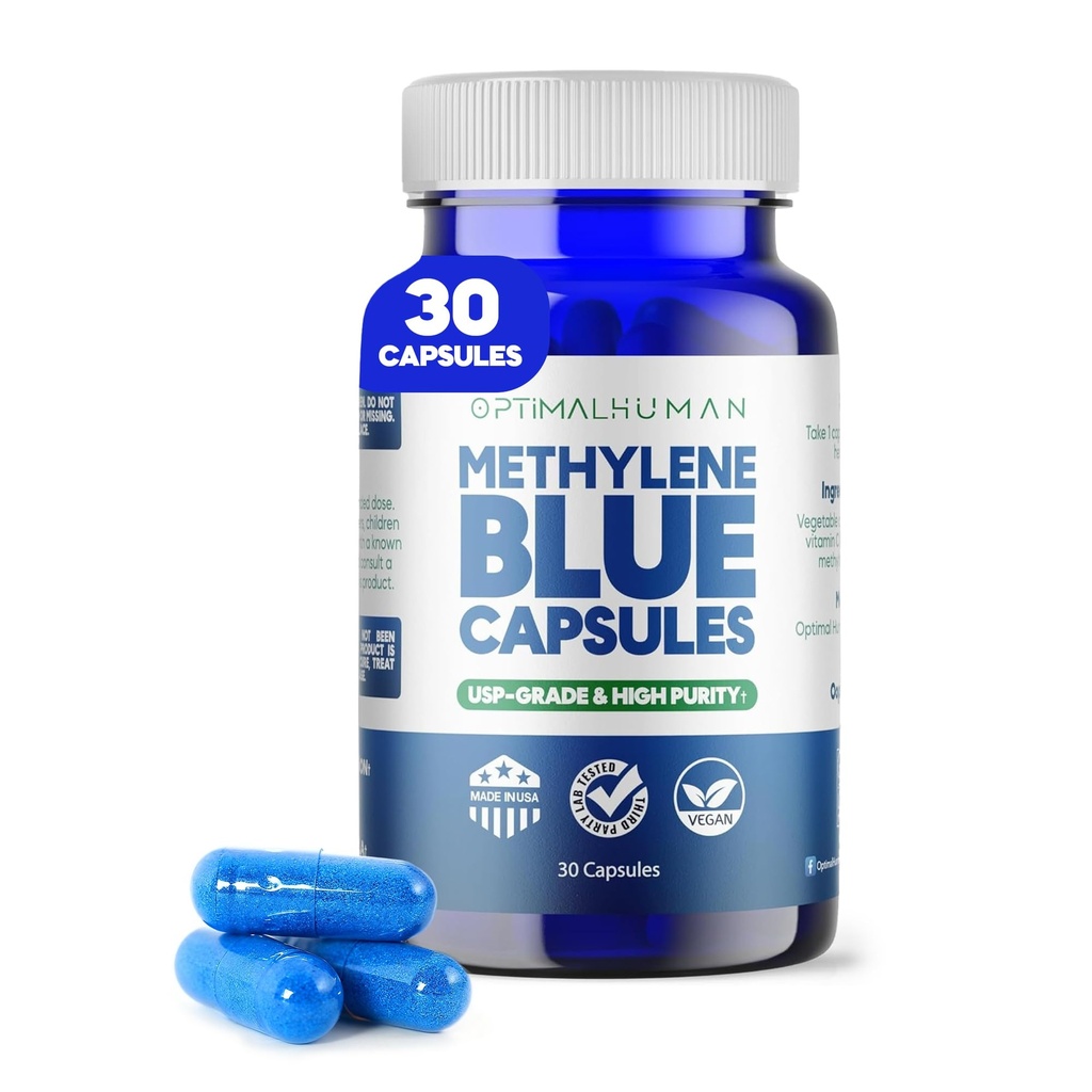 Optimal Human Naturals Methylene Blue Tablets (10mg) – High Purity, USP Grade with Vitamin C - Vegan, Unflavored Blue Methylene Capsules - Easy to Take Pills w/No Fillers or Dyes - 60 Count