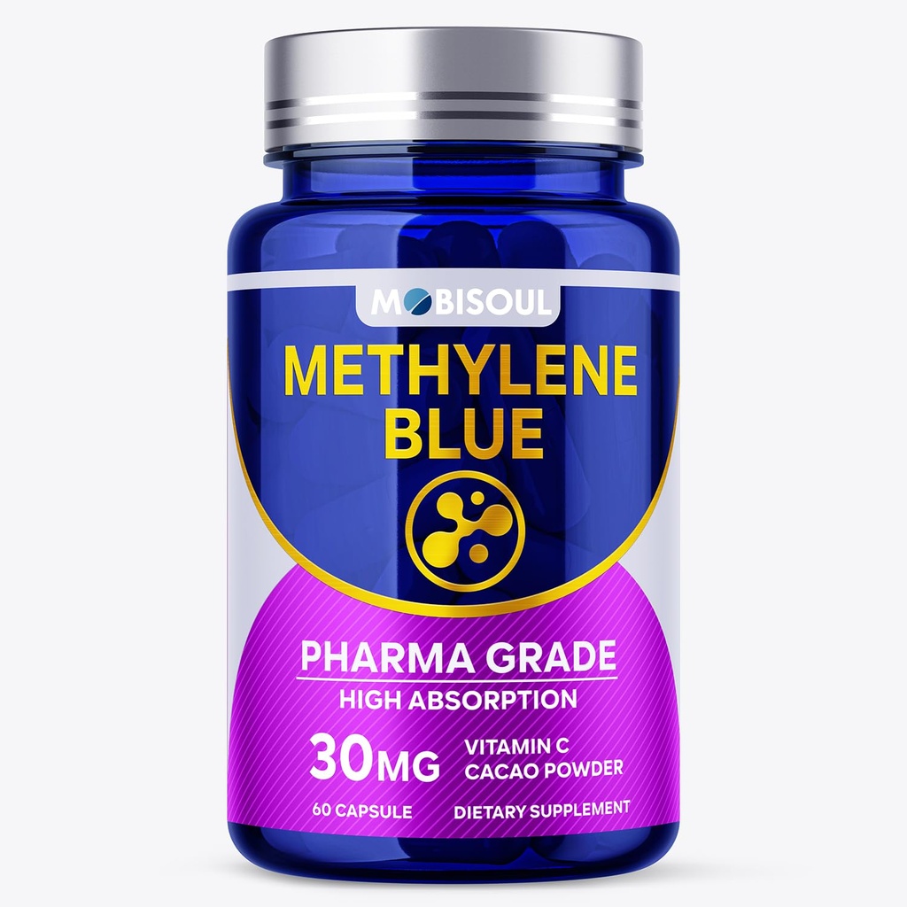 Methylene Blue Capsules 30mg, USP Pharma Grade Methylene Blue Supplement with Vitamin C & Organic Cacao, High Absorption Support - 60 Capsules