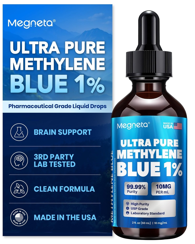 Ultra Pure Methylene Blue Pharmaceutical Grade 1% USP Drops, Brain Health Dietary Supplement for Humans,3rd Party Tested,No Formaldehyde, Made in USA, 2 Fl Oz (60 mL)