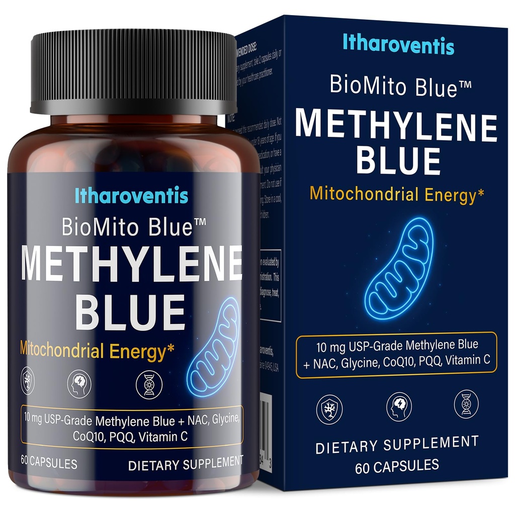 Methylene Blue Pharmaceutical Grade Capsules – USP Grade Brain Supplement with CoQ10, NAC, PQQ, Glycine & Vitamin C for Memory, Focus, Energy & Mitochondrial, No Formaldehyde - 60 Count