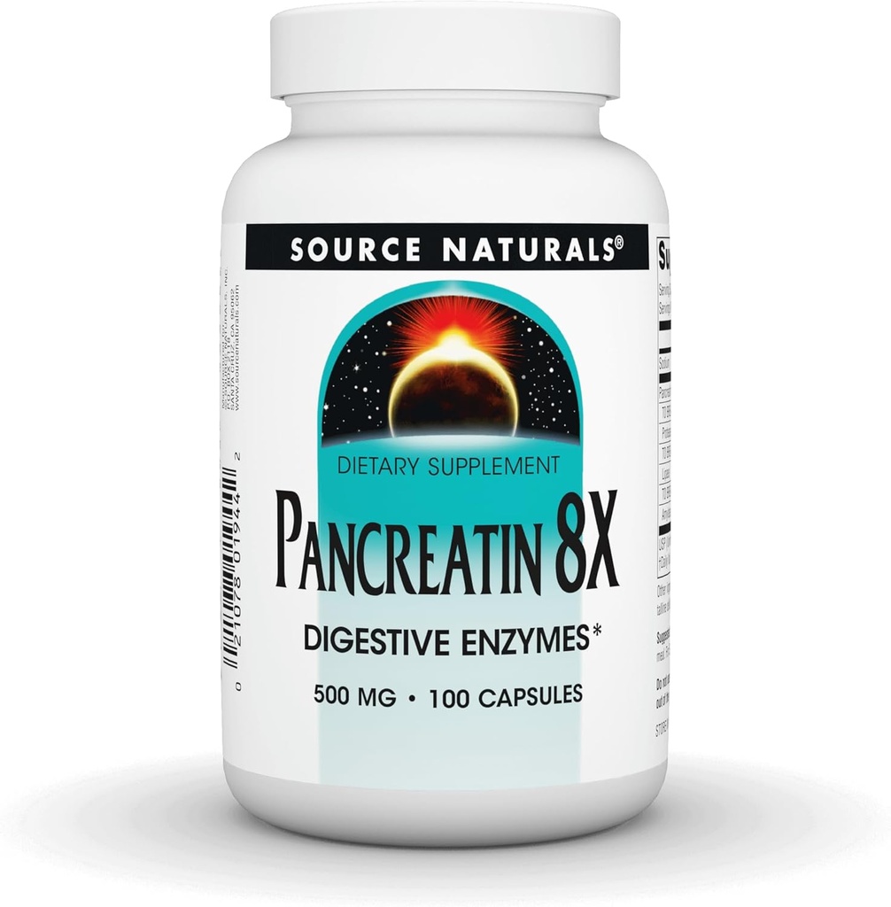 Πηγή Naturals Pancreatin 8X, 500 mg Digestive Enzymes - 100 Κάψουλες