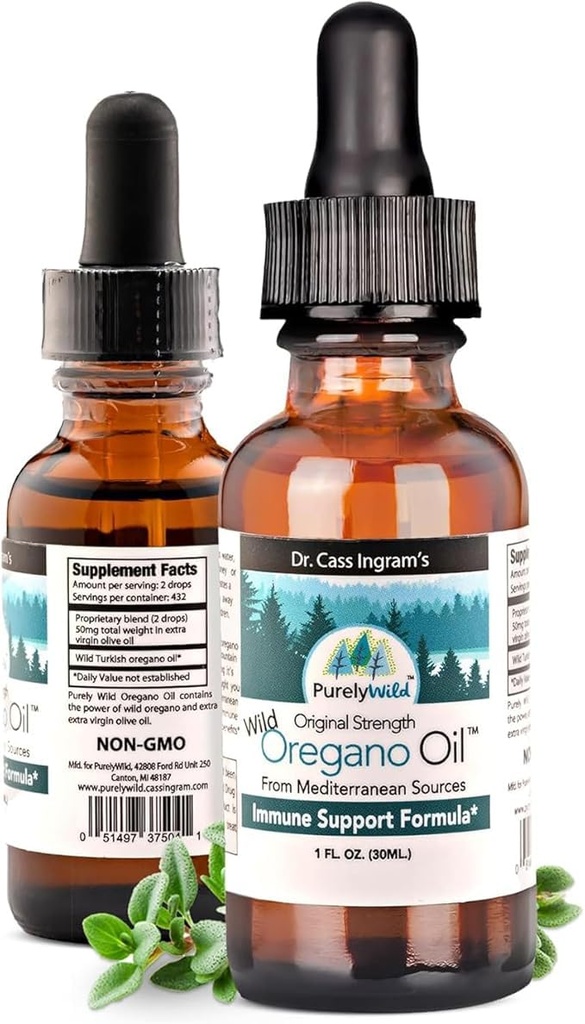 PURELY WILD Oregano Oil from Mediterranean Sources - Dr Cass Ingram's Original Formula - Immune Support Supplement with Wild Oregano Oil Drops - Non-GMO - 432 Servings - 1 fl oz