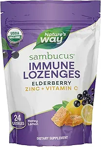Nature's Way Sambucus Immune Lozenges, Zinc, Vitamin C, Elderberry, Immune Support*, USDA Organic, Honey Lemon Flavor, 24 Lozenges (Packaging May Vary)