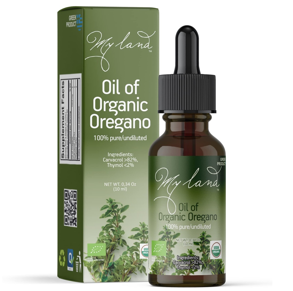 MY LAND Oil of Oregano, Organic Wild Greek, 82% Carvacrol, 10 ml | Pure and undiluted, steam-distilled from Mount Olympus oregano; high-potency, always dilute; about 180 servings