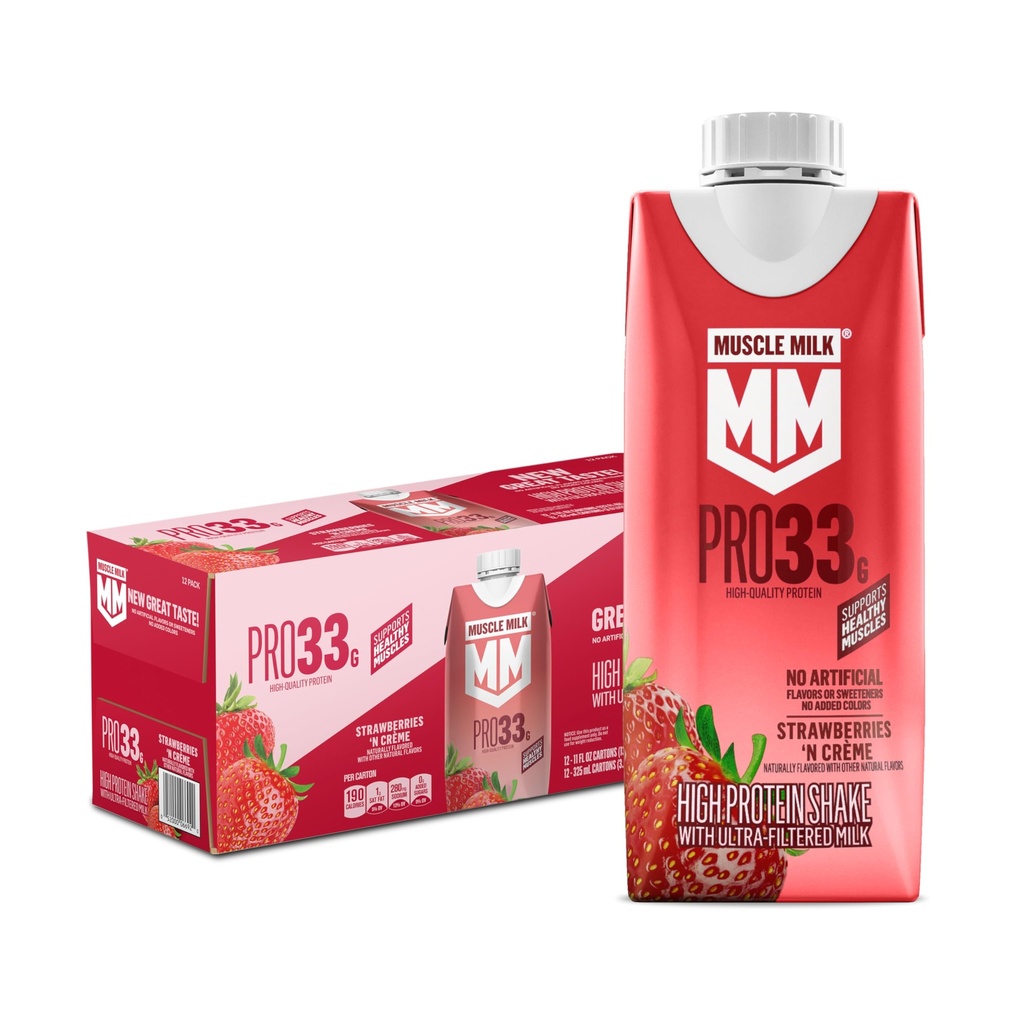 Muscle Milk Pro High Protein Shake, Strawberry, 11 fl oz Cartons, (12 Pack) Ultra Filtered Milk, 33g High Quality Protein Shake, 3g Sugar, 200 Calories, No Artificial Flavors or Artificial Sweeteners, No Added Colors