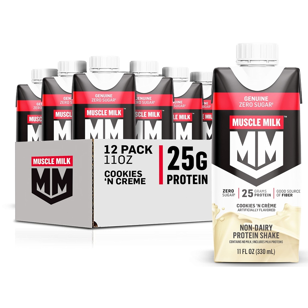 Muscle Milk Genuine Protein Shake, Cookies 'n Crème, 11 Fl Oz Carton, 12 Pack, 25g Protein, Zero Sugar, Calcium, Vitamins A, C & D, 5g Fiber, Energizing Snack, Workout Recovery, Packaging May Vary