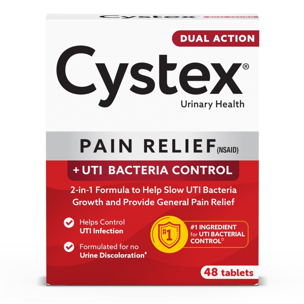 Cystex Dual- Action UTI Pain Relief & Prevention Tablets - 2-in-1 Formula Ανακουφίζει τη δυσφορία και επιβραδύνει τη βακτηριακή ανάπτυξη - Μη-Staining - 48-Count