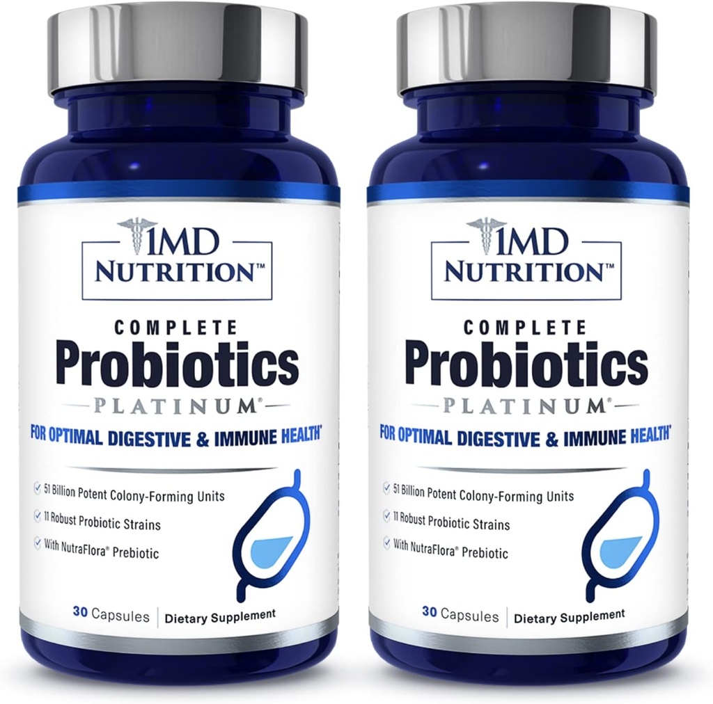 1MD Complete Probiotics Platinum | Supports Digestive Health | with Nourishing Prebiotics, 51 Billion Live CFU, 11 Strains, Dairy-Free | 30 Vegetable Capsules (2-Pack)